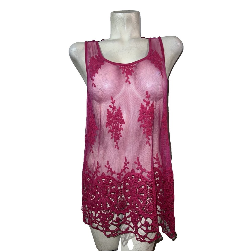 International Concepts INC Lace Trim Sheer Overlay Tank Top Women XL Fuchsia